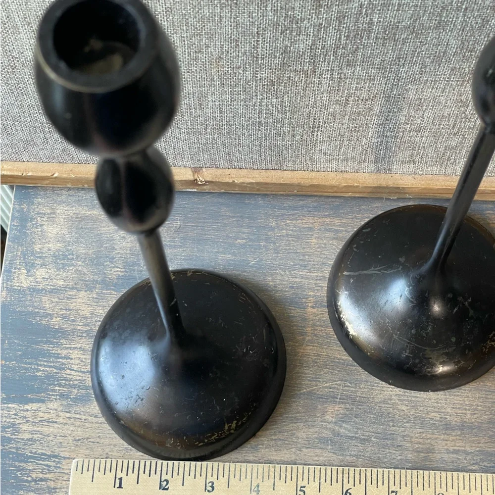 Crate & Barrel black metal primitive taper candlestick holders